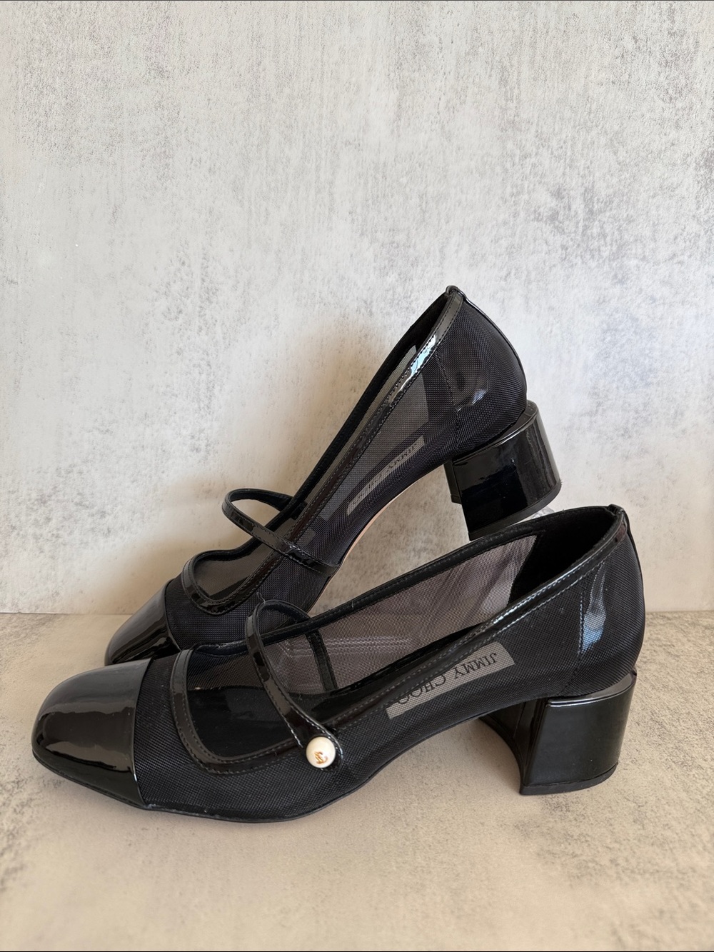 Jimmy Choo Eusa 45 Patent Leather Mesh Mary Jane Pumps Black 38 - Picture 2 of 9